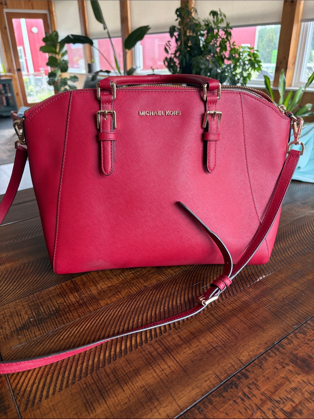 Michael Kors Red Leather Satchel with Matching Wristlet - Picture 3 of 4